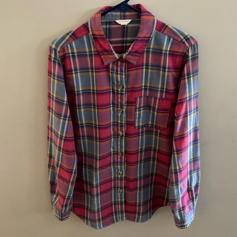 Aeropostale Women’s Pink and Blue plaid flannel button-down shirt.